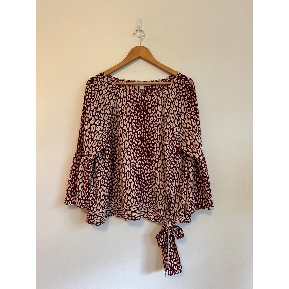 Michael Michael Kors Burgundy Leopard Print Bell Sleeve Side Tie Blouse | Large